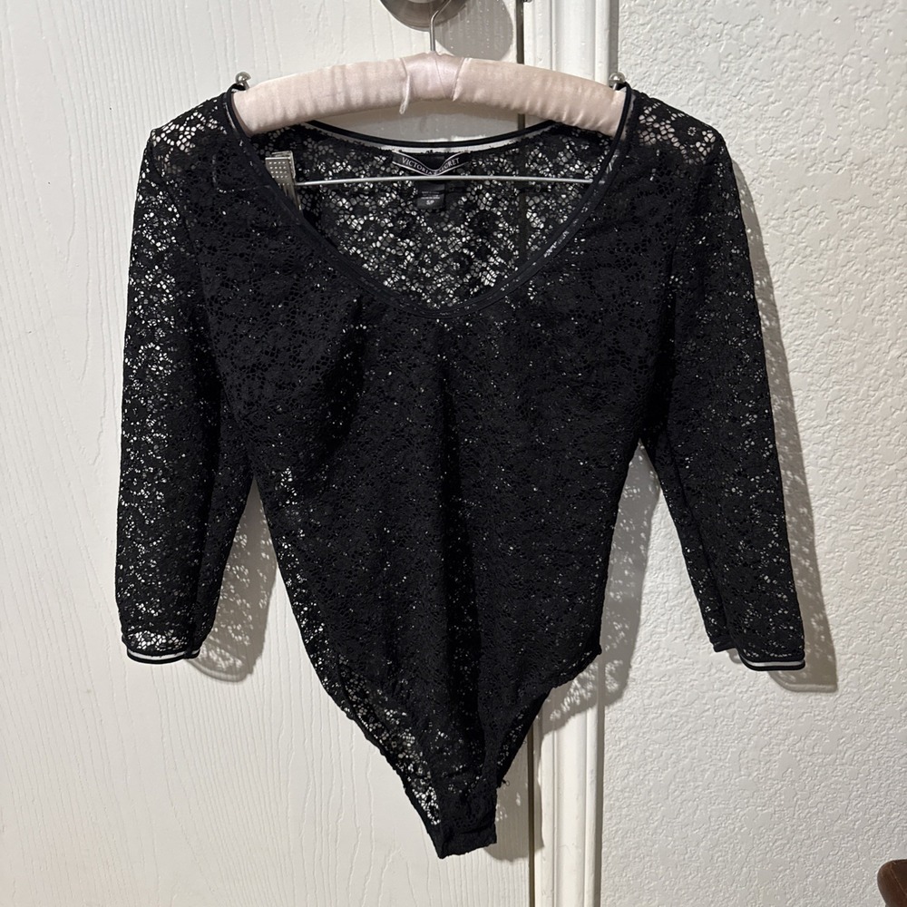 Victorias Secret Small Black Lace Bodysuit Gothic Romantic Thong Semi Transparen